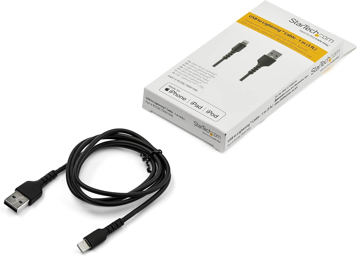 imageStarTechcom 3 Foot 1m Durable Black USBA to Lightning Cable  Heavy Duty Rugged Aramid Fiber USB Type A to Lightning ChargerSync Power Cord  Apple MFi Certified iPadiPhone 12 RUSBLTMM1MBBlack
