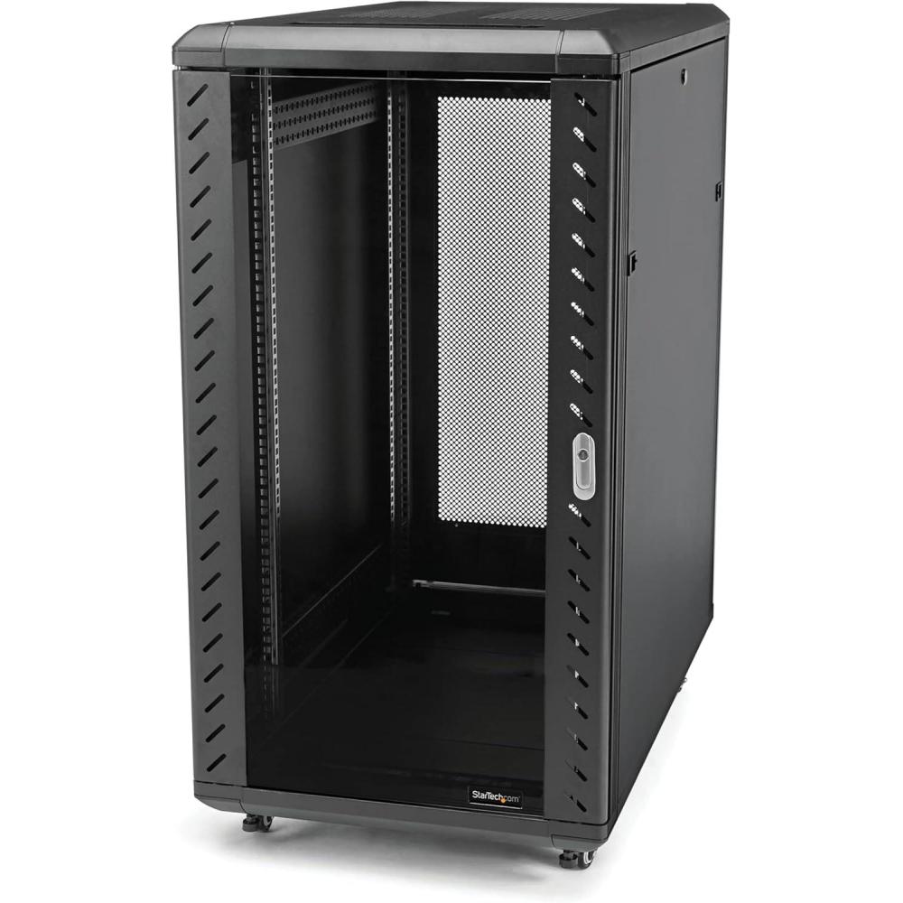 imageStarTechcom 22U Server Rack Cabinet with secure locking door  4 Post Adjustable Depth 55quot to 287quot  1768 lb capacity  19 inch Portable Network Equipment Enclosure on wheelscasters RK2236BKF25U