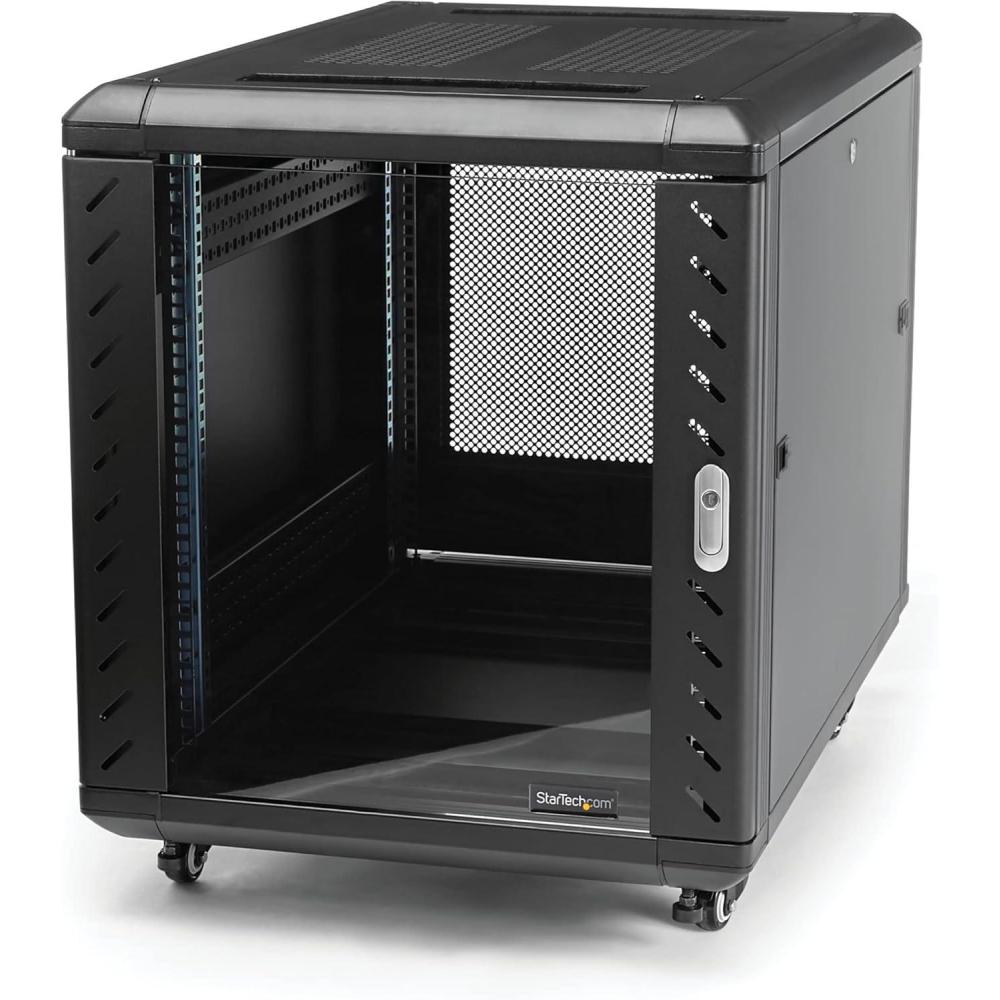 imageStarTechcom 22U Server Rack Cabinet with secure locking door  4 Post Adjustable Depth 55quot to 287quot  1768 lb capacity  19 inch Portable Network Equipment Enclosure on wheelscasters RK2236BKF12U