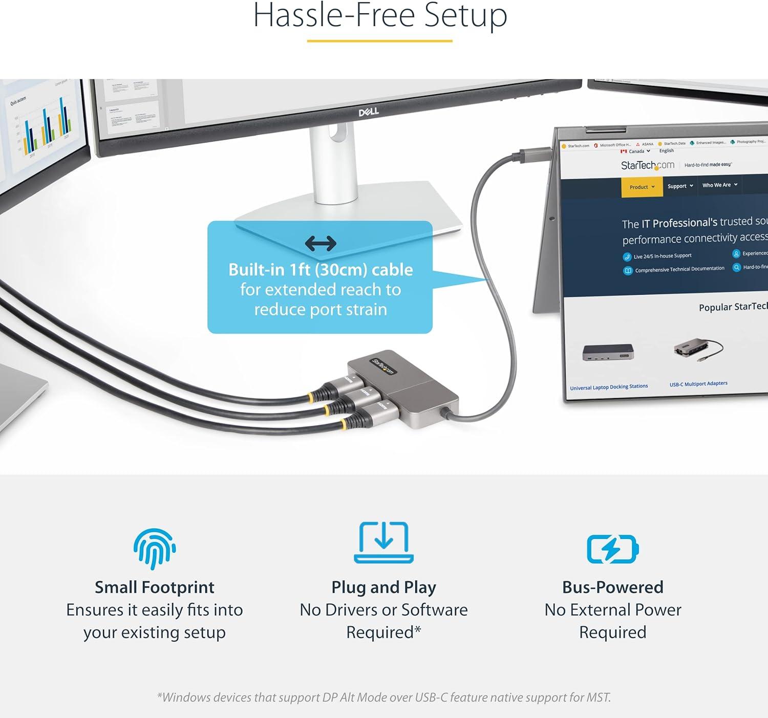 imageStarTechcom 3Port USBC MultiMonitor Adapter USB TypeC to 3x HDMI MST Hub Triple 4K 60Hz HDMI Laptop Display Extender Splitter HDR ExtraLong BuiltIn Cable Windows MST14CD123HD3x HDMI