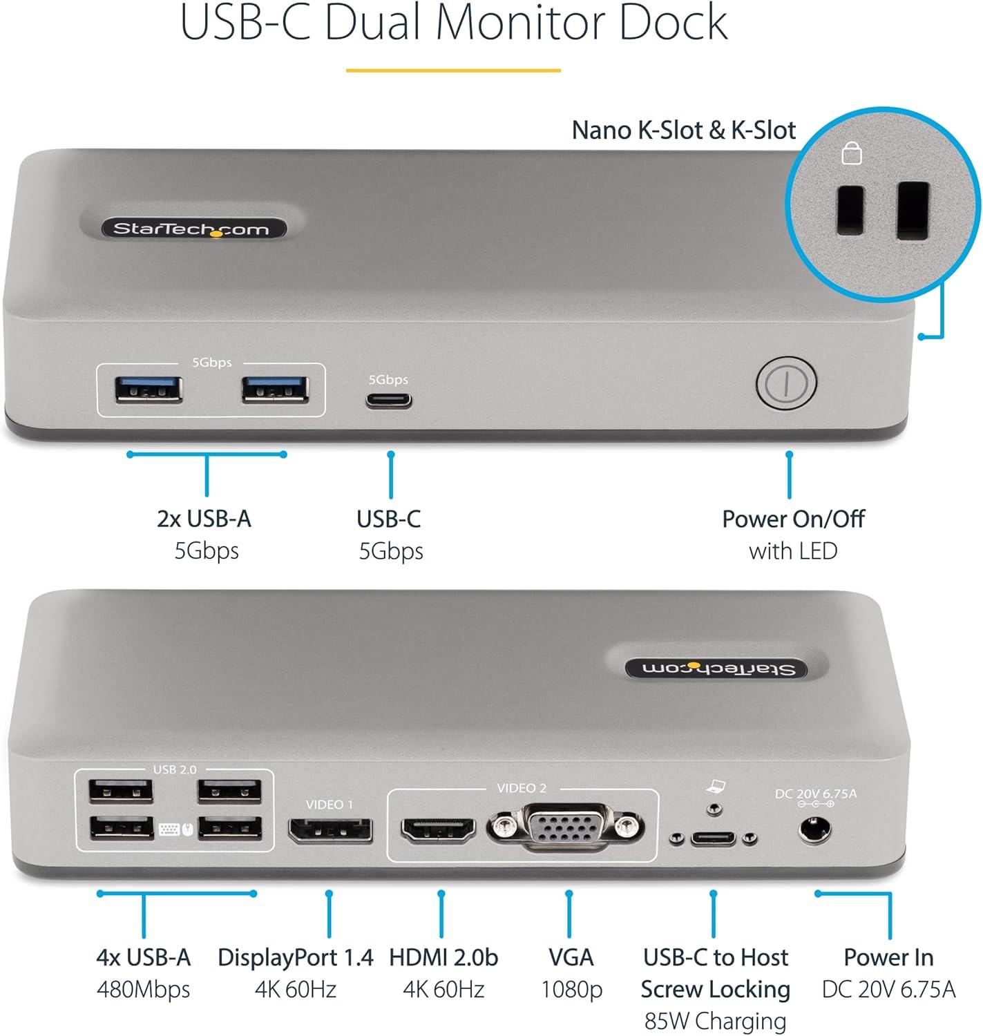 imageStarTechcom DualMonitor USBC Docking Station DisplayPort ampamp HDMI or VGA Multi Monitor Dock up to 4K 60Hz  USB 3231 5Gbps TypeC Dock  7X USB Hub 85W PD Windows ampamp ChromeOS TAA