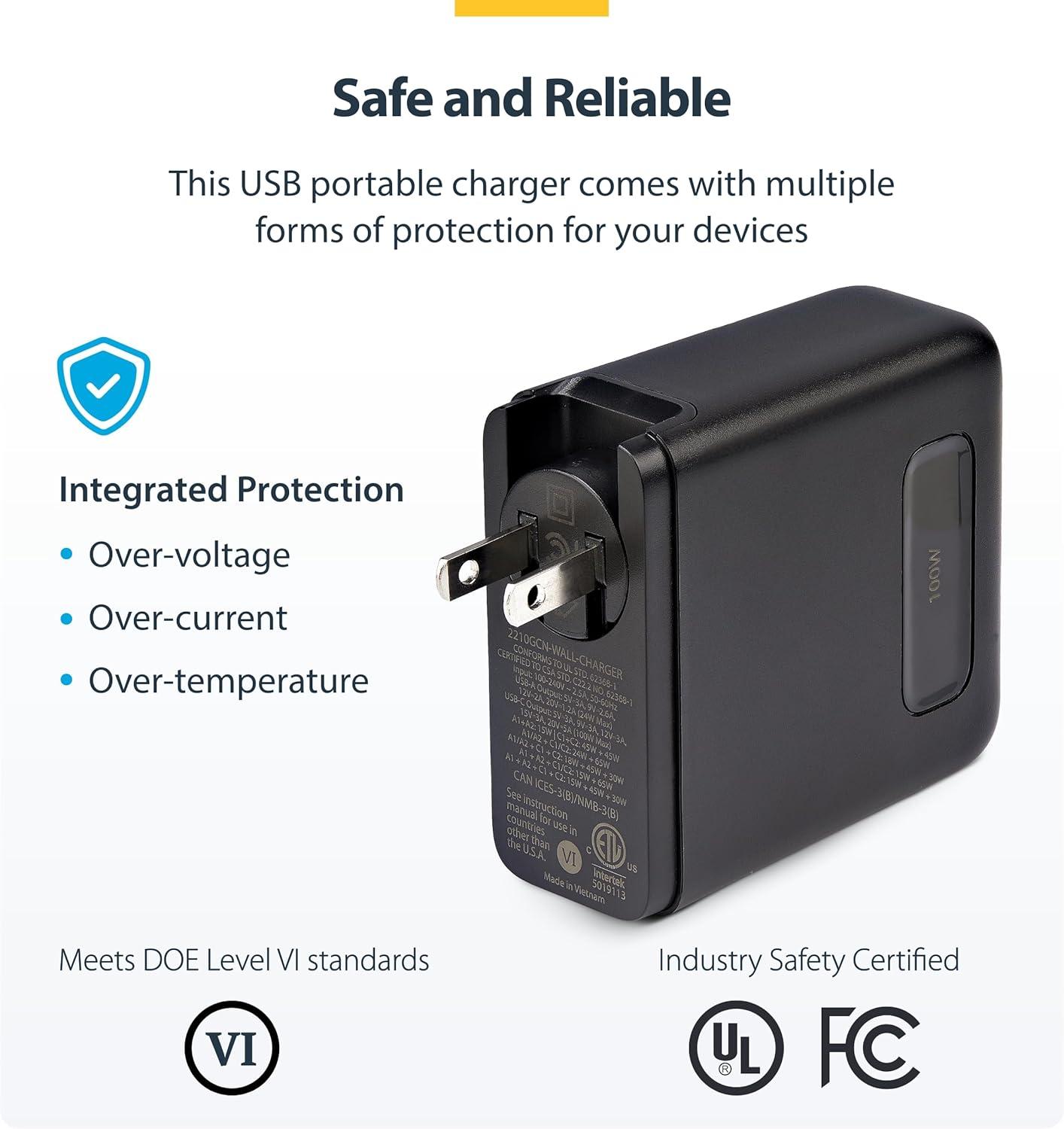 imageStarTechcom 100W USBC Wall Charger 2X USBC2x USBA USB PD 30 Fast Charging Portable GaN Charger Power Adapter for MacBook ProAir Dell XPS iPhone 15Pro iPad Pro Samsung S23S24