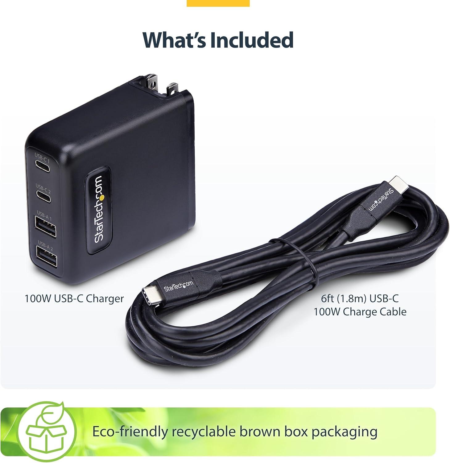 imageStarTechcom 100W USBC Wall Charger 2X USBC2x USBA USB PD 30 Fast Charging Portable GaN Charger Power Adapter for MacBook ProAir Dell XPS iPhone 15Pro iPad Pro Samsung S23S24