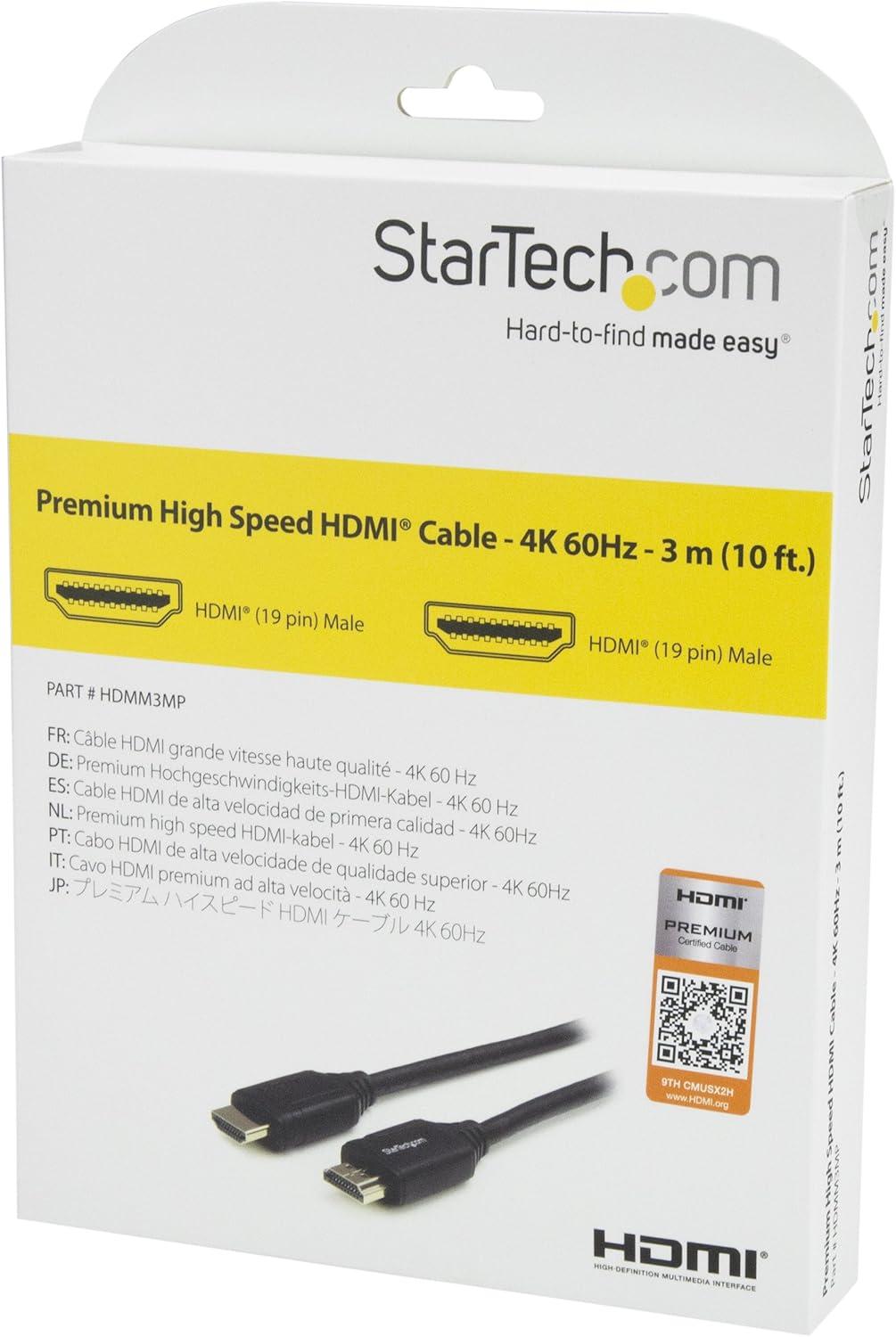 imageStarTechcom 10ft 3m Premium Certified HDMI 20 Cable with Ethernet  High Speed Ultra HD 4K 60Hz HDMI Cable HDR10  HDMI Cord MaleMale Connectors  For UHD Monitors TVs Displays HDMM3MP