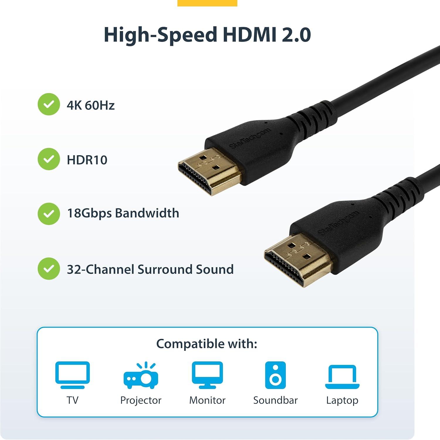 imageStarTechcom 6ft 2m Slim HDMI Cable Flexible Premium HDMI 20 Cord with Ethernet UHD 4K 60Hz HDR10 Durable Aramid Fiber Design with TPE JacketBlack