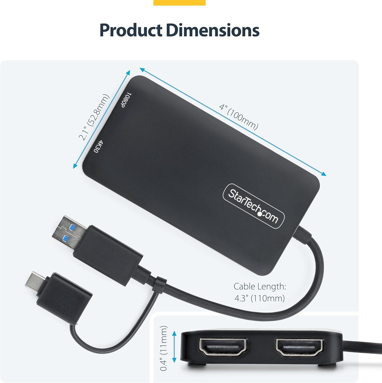 imageStarTechcom Dual Monitor Adapter for M1M2M3M4 macOS Systems Windows ChromeOS Thunderbolt USB 30 or USBC HDMI Splitter Extended Display 4K30 Output 1 ampamp 1080p Output 2 107BUSBHDMI2