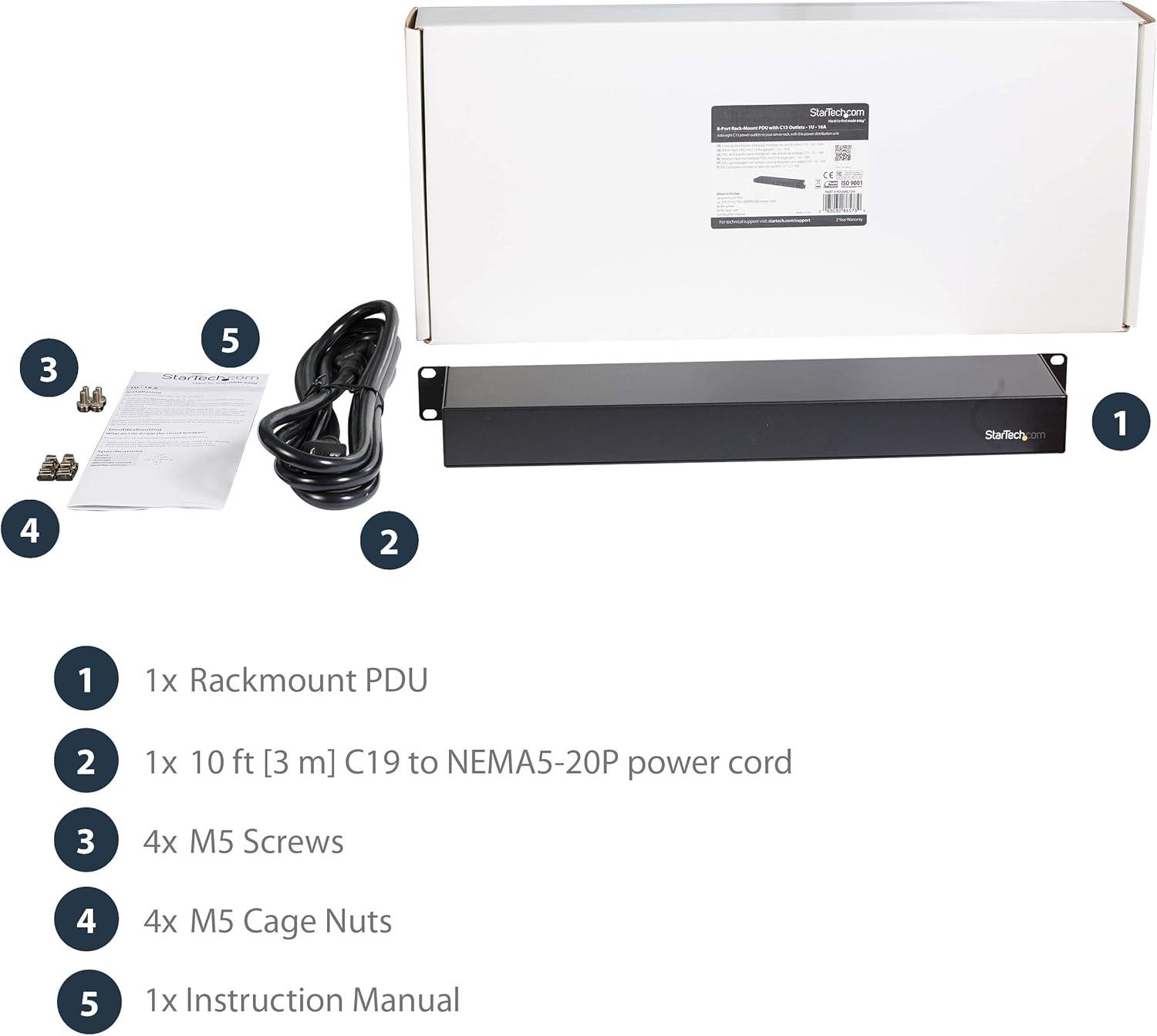 imageStarTechcom 1U 19 inch 8 Port Rack Mount PDU IEC C13 Socket Rackmount Power SupplyStrip Horizontal Server Rack Mountable PDU Data Center Power Distribution Unit 16A 240V PDU08C13H8 Port Rack