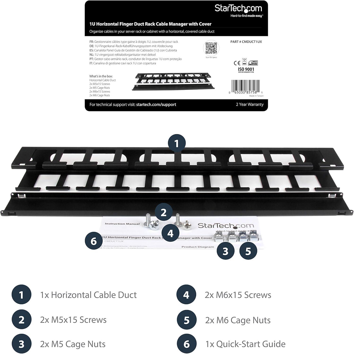 imageStarTechcom Horizontal 1U Server Rack Cable Management Finger Duct w Cover 19quot Network Rack Wire Duct Raceway Panel Slotted Wire Duct CMDUCT1UX1U