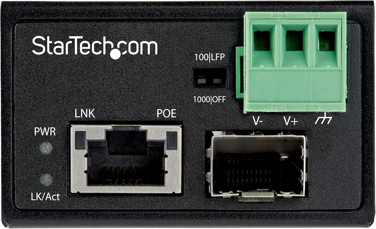 imageStarTechcom PoE Industrial Fiber to Ethernet Media Converter 30W SFP to RJ45 SinglemodeMultimode Fiber to Copper Gigabit Ethernet MiniCompact Size IP30 40 to 75C TAA IMC1GSFP30W
