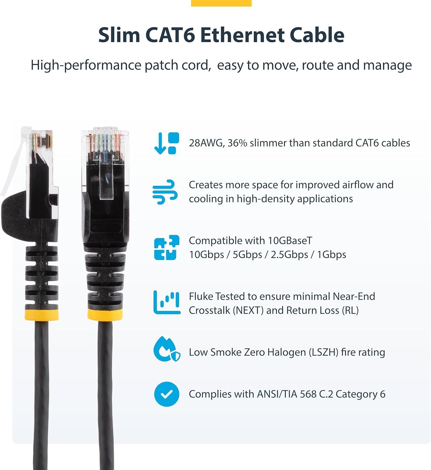 image:imageStarTechcom 15 m CAT6 Cable Slim CAT6 Patch Cord Black Snagless RJ45 Connectors Gigabit Ethernet Cable 28 AWG N6PAT150CMBKSBlack