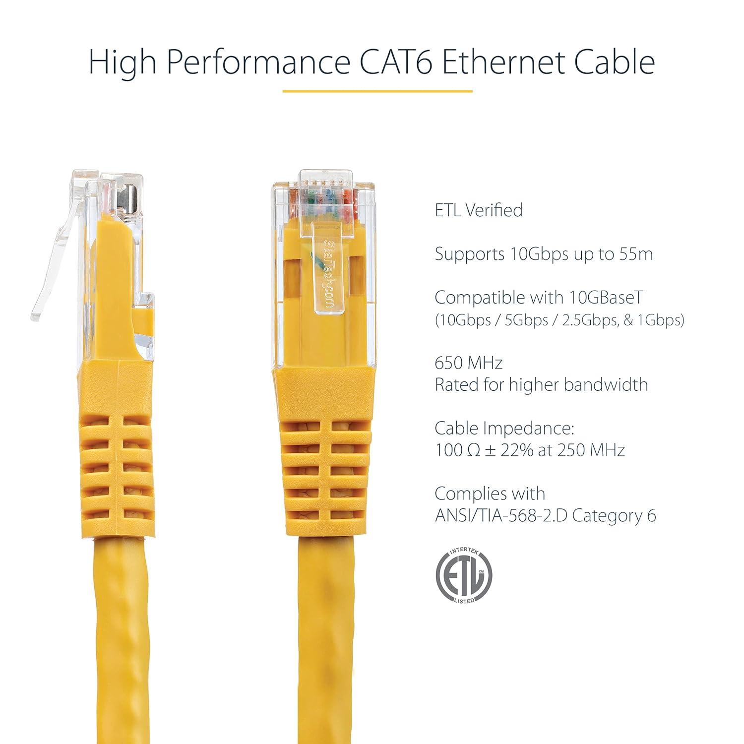 image:imageStarTechcom 20ft CAT6 Ethernet Cable Orange CAT 6 Gigabit Ethernet Wire 650MHz 100W PoE RJ45 UTP Molded Category 6 NetworkPatch Cord wStrain ReliefFluke Tested ULTIA Certified C6PATCH20ORYellow