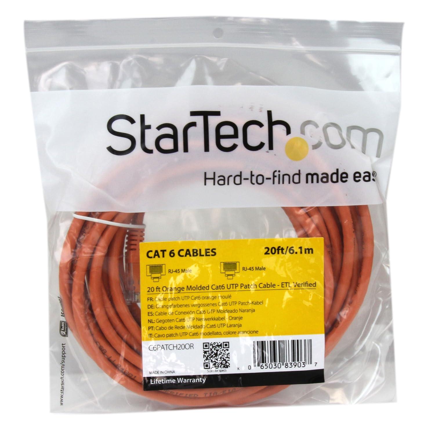 image:imageStarTechcom 20ft CAT6 Ethernet Cable Orange CAT 6 Gigabit Ethernet Wire 650MHz 100W PoE RJ45 UTP Molded Category 6 NetworkPatch Cord wStrain ReliefFluke Tested ULTIA Certified C6PATCH20OROrange