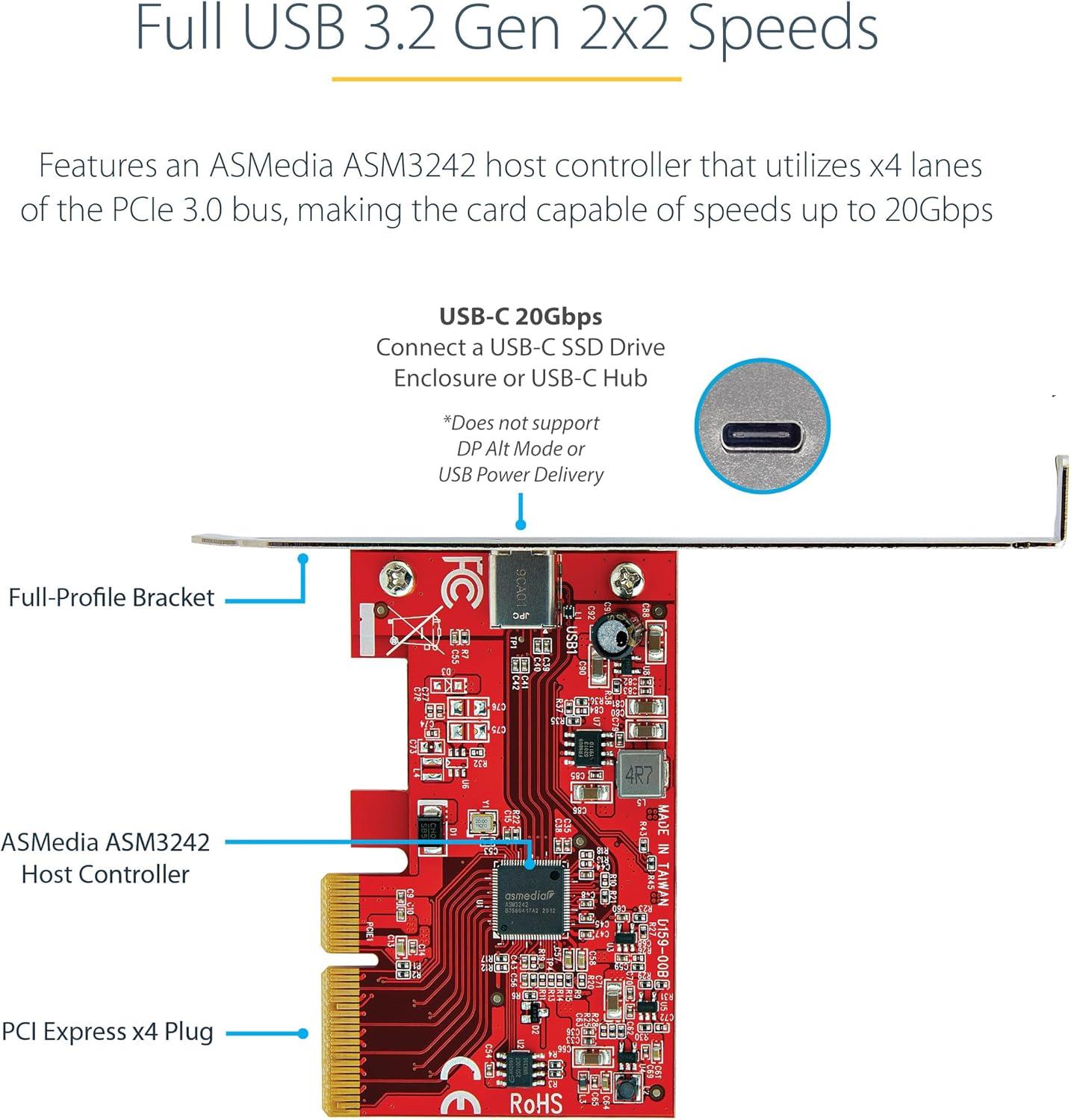 image:imageStarTechcom 1Port USB 32 Gen 2x2 PCIe Card USBC 20Gbps PCI Express 30 x4 Adapter Data Only WindowsmacOSLinux TAA