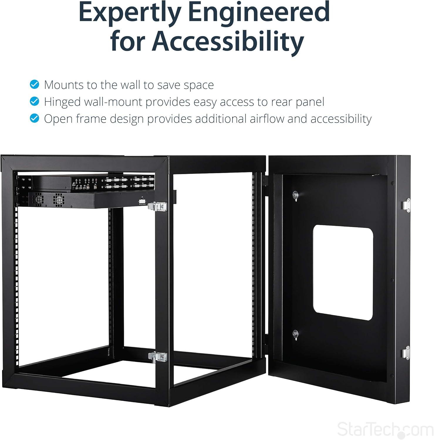 image:imageStarTechcom 4Post 12U Hinged WallMount Network Rack 19 Open Frame Server Rack with 198in Mounting Depth Wall Mount Swing Out Data Rack for IT AV Computer Equipment TAA RK1219WALLOH12U