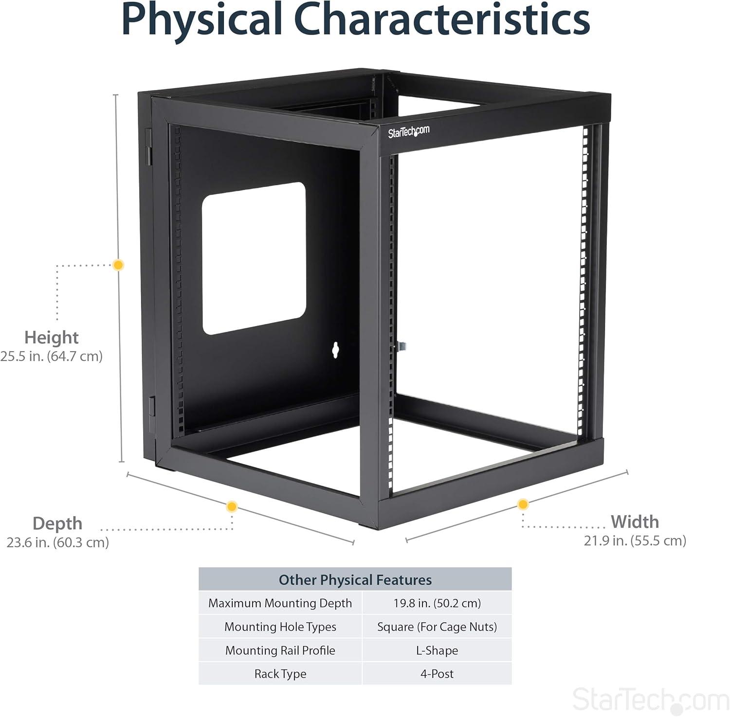 image:imageStarTechcom 4Post 12U Hinged WallMount Network Rack 19 Open Frame Server Rack with 198in Mounting Depth Wall Mount Swing Out Data Rack for IT AV Computer Equipment TAA RK1219WALLOH12U