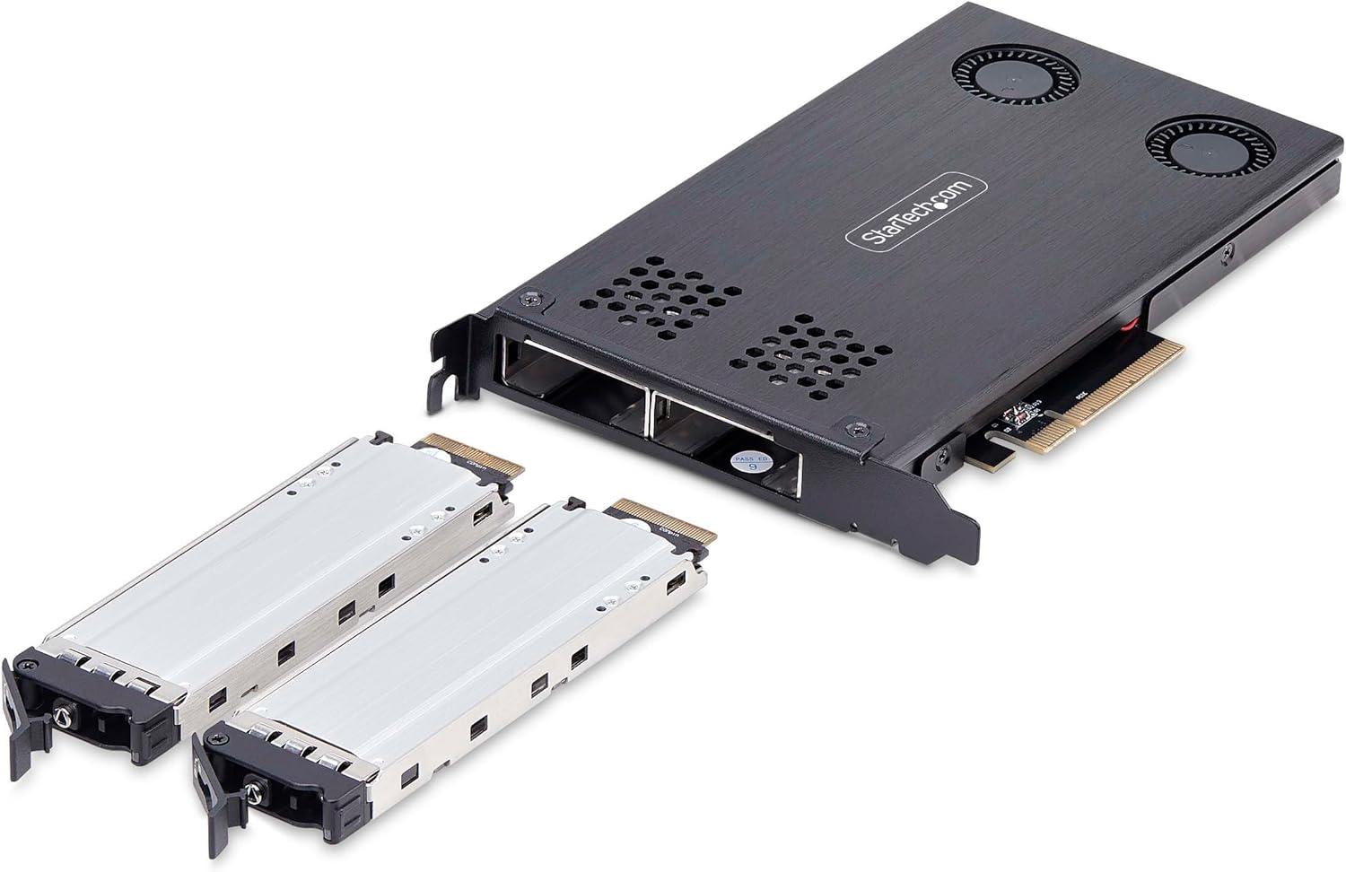 image:imageStarTechcom DualBay M2 NVMe SSD to PCIe x8 Removable Mobile Rack PCI Express Bifurcation Required ToolLess Install