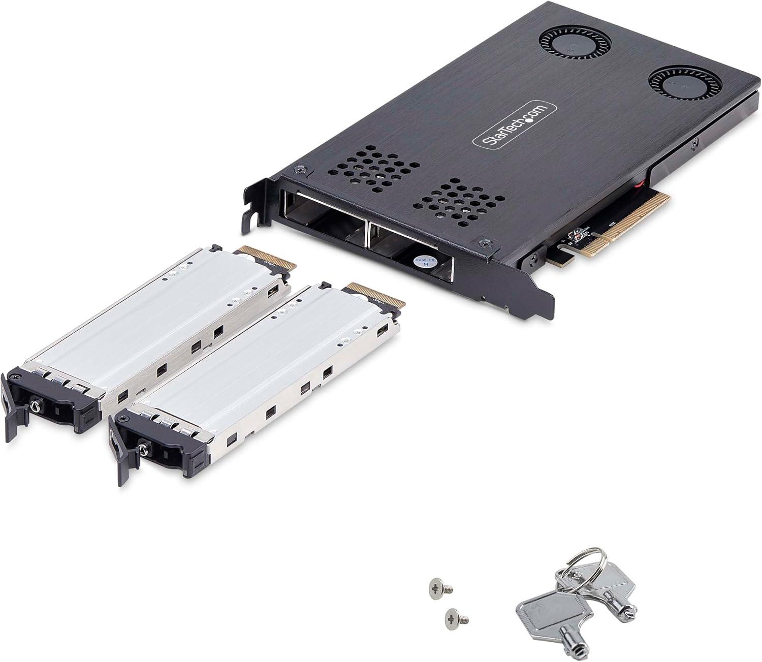 image:imageStarTechcom DualBay M2 NVMe SSD to PCIe x8 Removable Mobile Rack PCI Express Bifurcation Required ToolLess Install