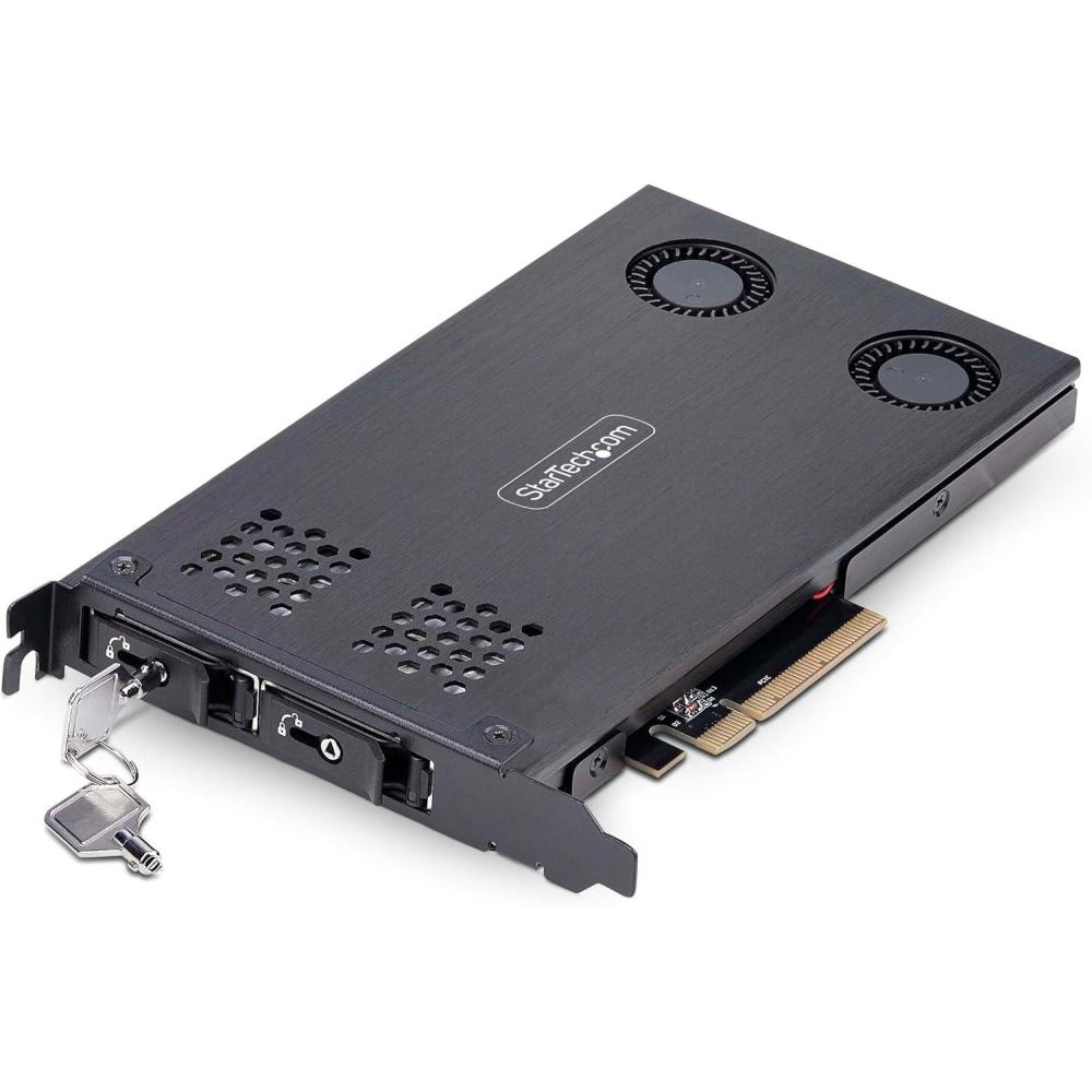 image:imageStarTechcom DualBay M2 NVMe SSD to PCIe x8 Removable Mobile Rack PCI Express Bifurcation Required ToolLess Install