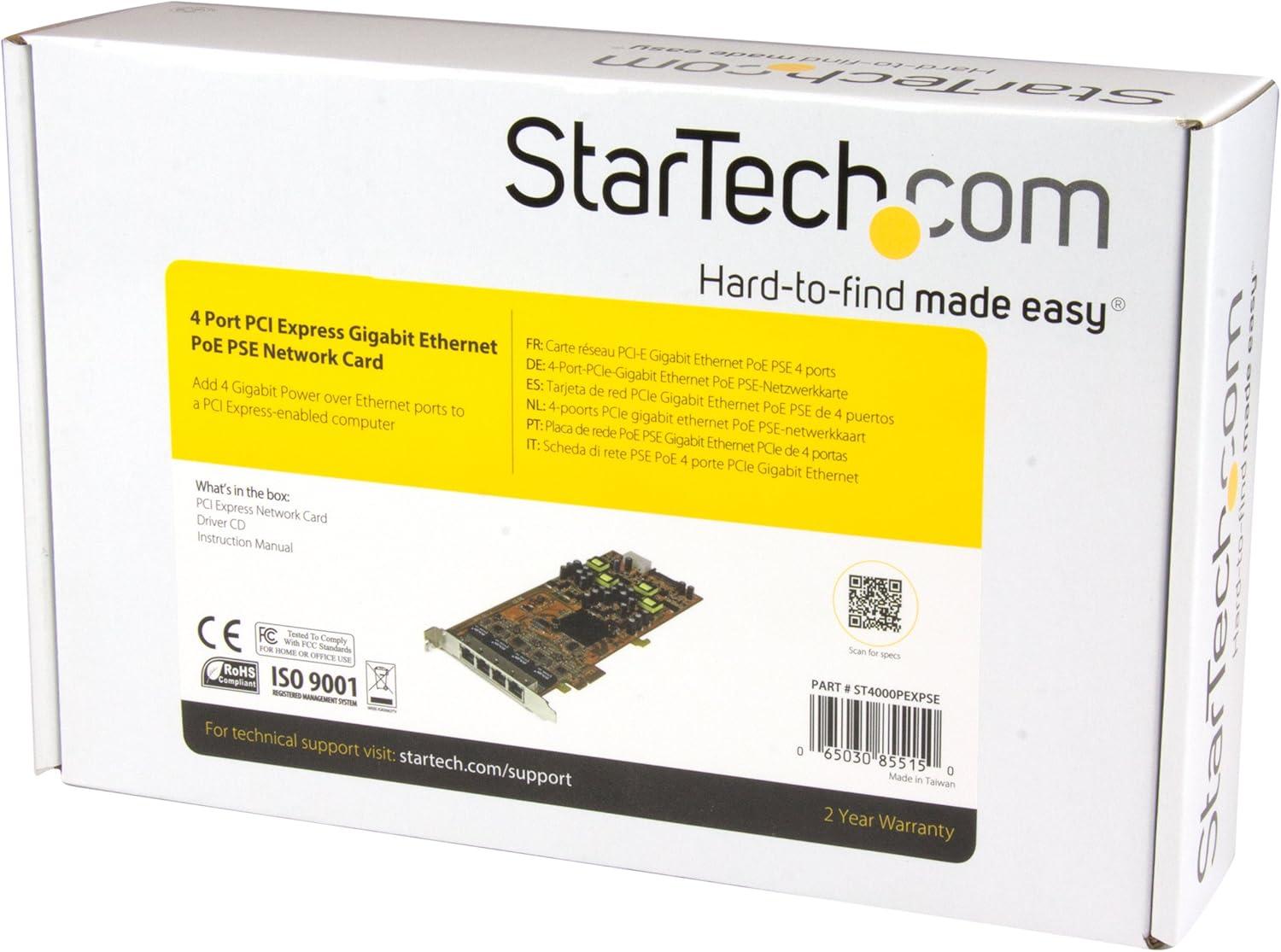 image:imageStarTech 4 Port Gigabit PoE Power over Ethernet Card PCIe Network Card PoE PoE Up to 25W Per Port PCIe NIC Gigabit Ethernet Card TAA ST4000PEXPSE