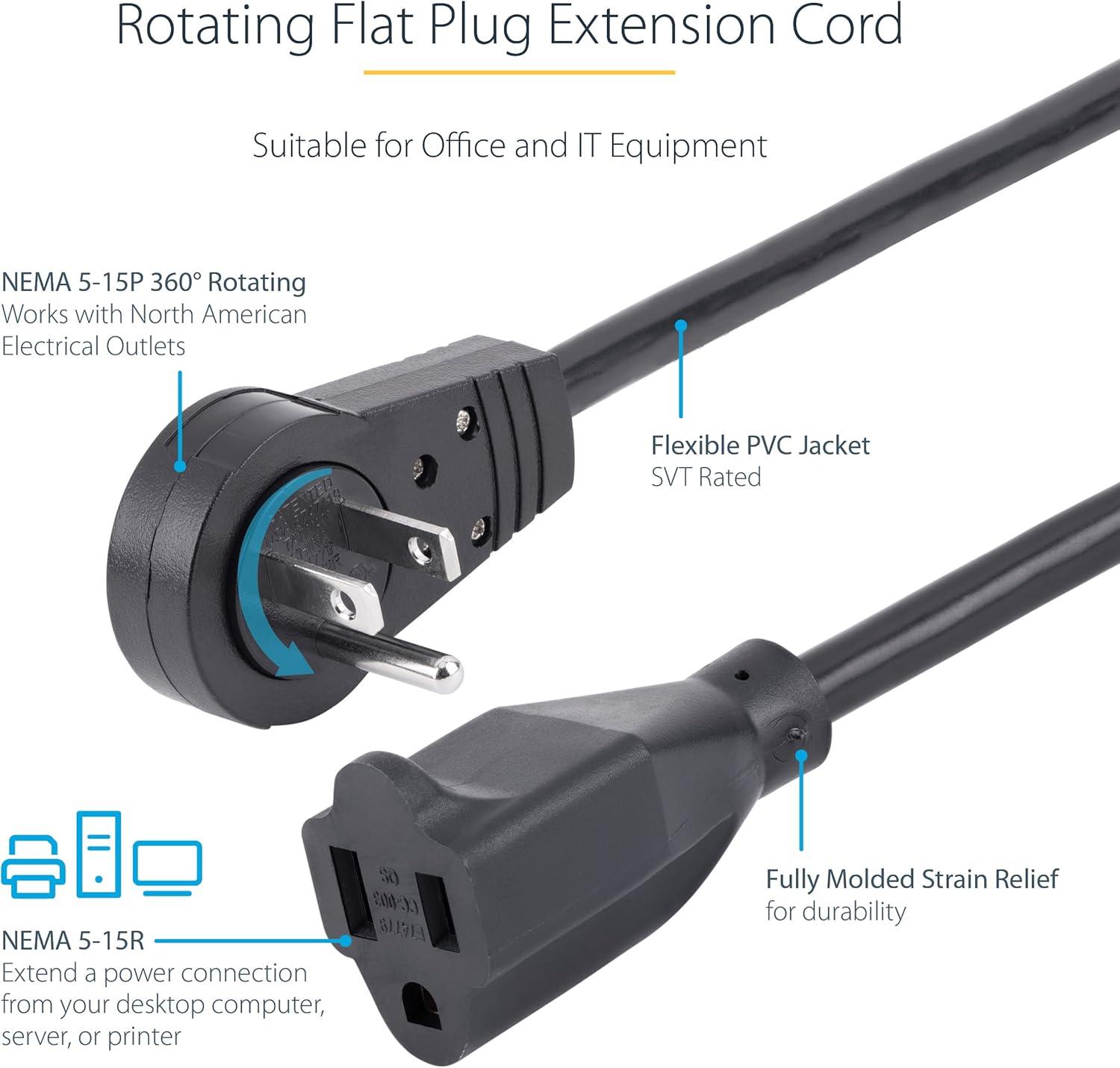 image:imageStarTechcom 3ft 1m Piggyback Power Extension Cord NEMA 515P to 2X NEMA 515R 16 AWG 125V15A UL Certified 1 to 2 Outlet Saver Extension Cord 3Prong Electrical Power Cable PAC10233 ft
