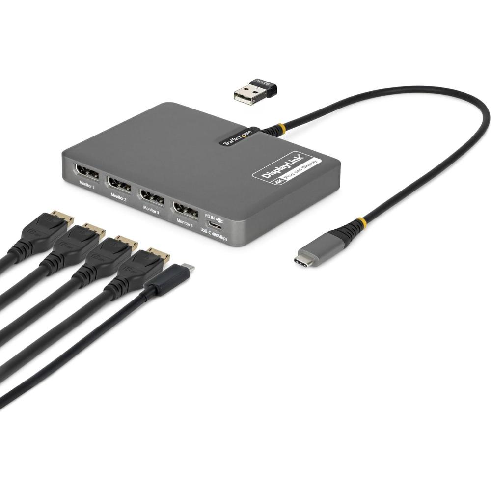 image:imageStarTech USBC to Quad DisplayPort 4K60 4K120 Workstation Dock 140W PD Passthrough USB for Keyboard and Mouse Windows Mac M1M5 USB4 Thunderbolt DisplayLink DL7400 TAA QuadUSBDPAdapt