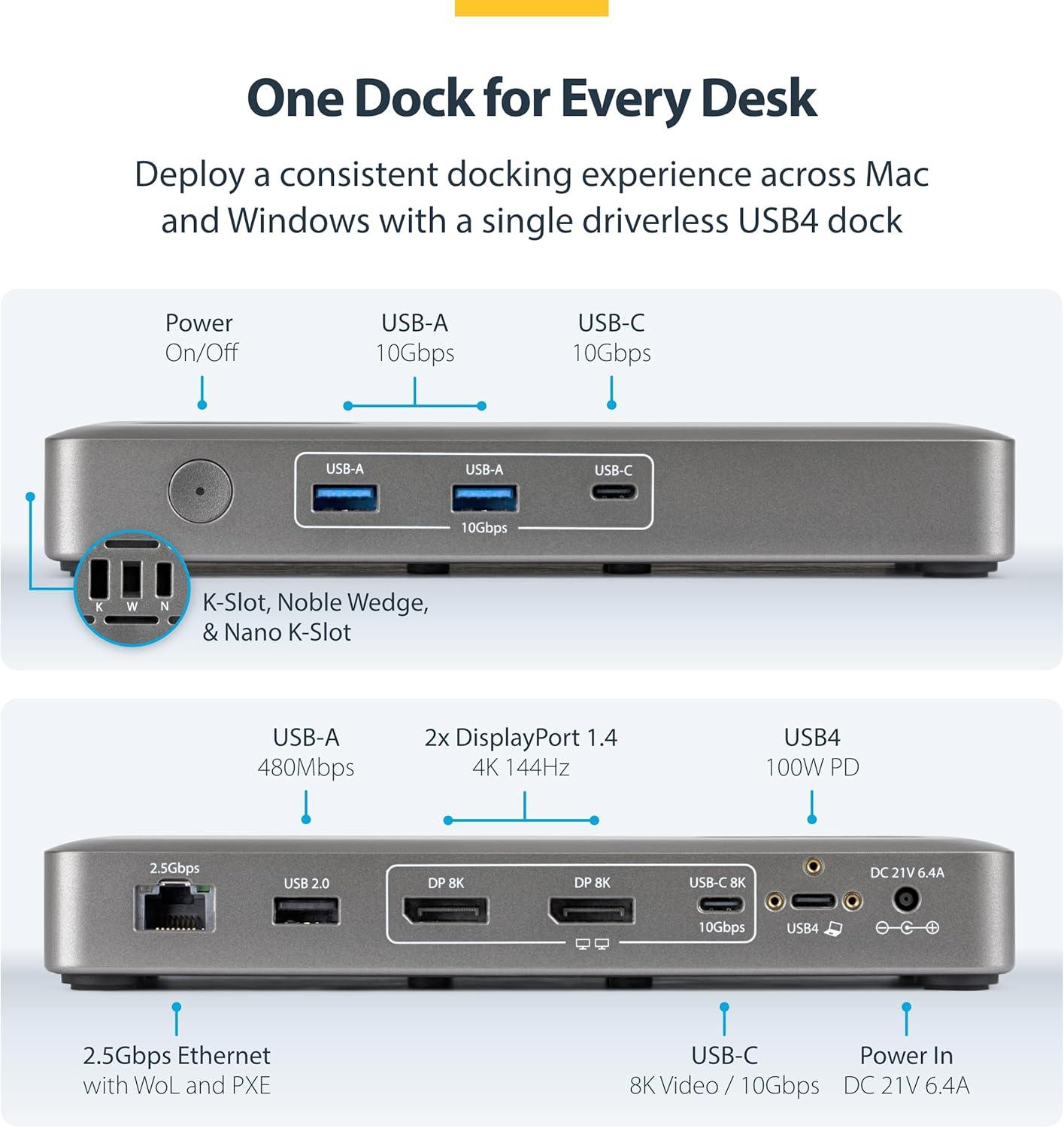 image:imageStarTech USB4 Docking Station Driverless Dual 4K 144Hz for Mac and Windows Universal USBC Dock to DisplayPort with 100W PD and 25GbE 208NUSB4DOCK