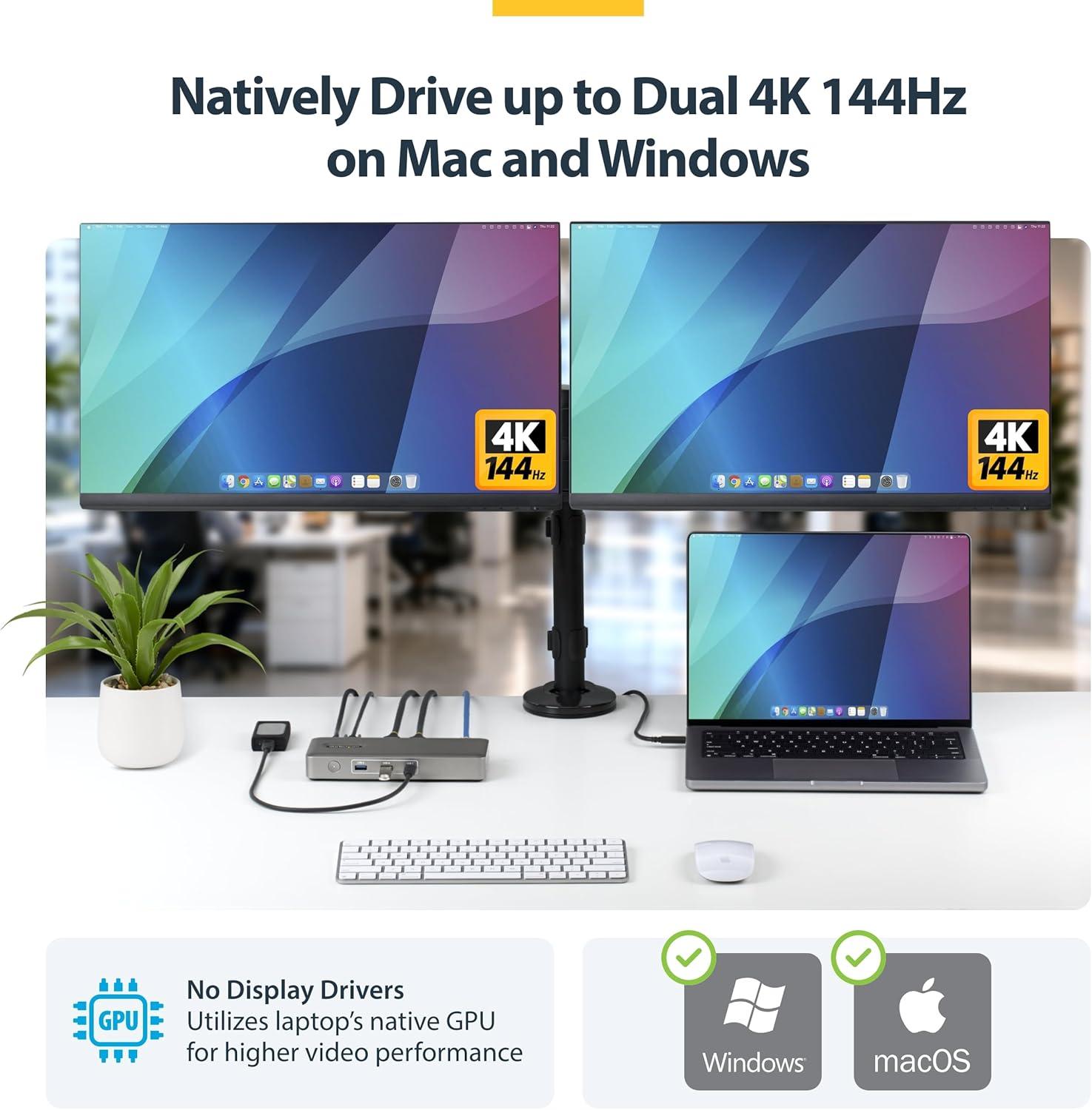 image:imageStarTech USB4 Docking Station Driverless Dual 4K 144Hz for Mac and Windows Universal USBC Dock to DisplayPort with 100W PD and 25GbE 208NUSB4DOCK