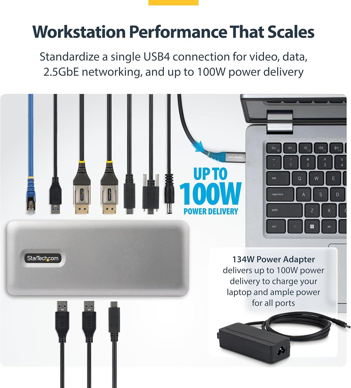 image:imageStarTech USB4 Docking Station Driverless Dual 4K 144Hz for Mac and Windows Universal USBC Dock to DisplayPort with 100W PD and 25GbE 208NUSB4DOCK