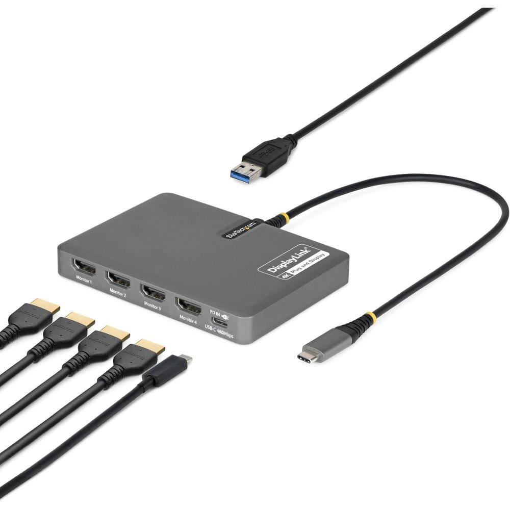 image:imageStarTech USBC to Quad HDMI 4K60 Workstation Dock 140W PD Passthrough USB for Keyboard and Mouse Windows Mac M1M5 USB4 Thunderbolt Laptops DisplayLink DL7400 TAA QuadUSBHDMIAdapt