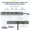 StarTech USB-C to Quad HDMI 4K60 Workstation Dock, 140W PD Passthrough, USB for Keyboard and Mouse, Windows, Mac M1-M5, USB4, Thunderbolt Laptops, DisplayLink DL7400, TAA (Quad-USB-HDMI-Adapt)