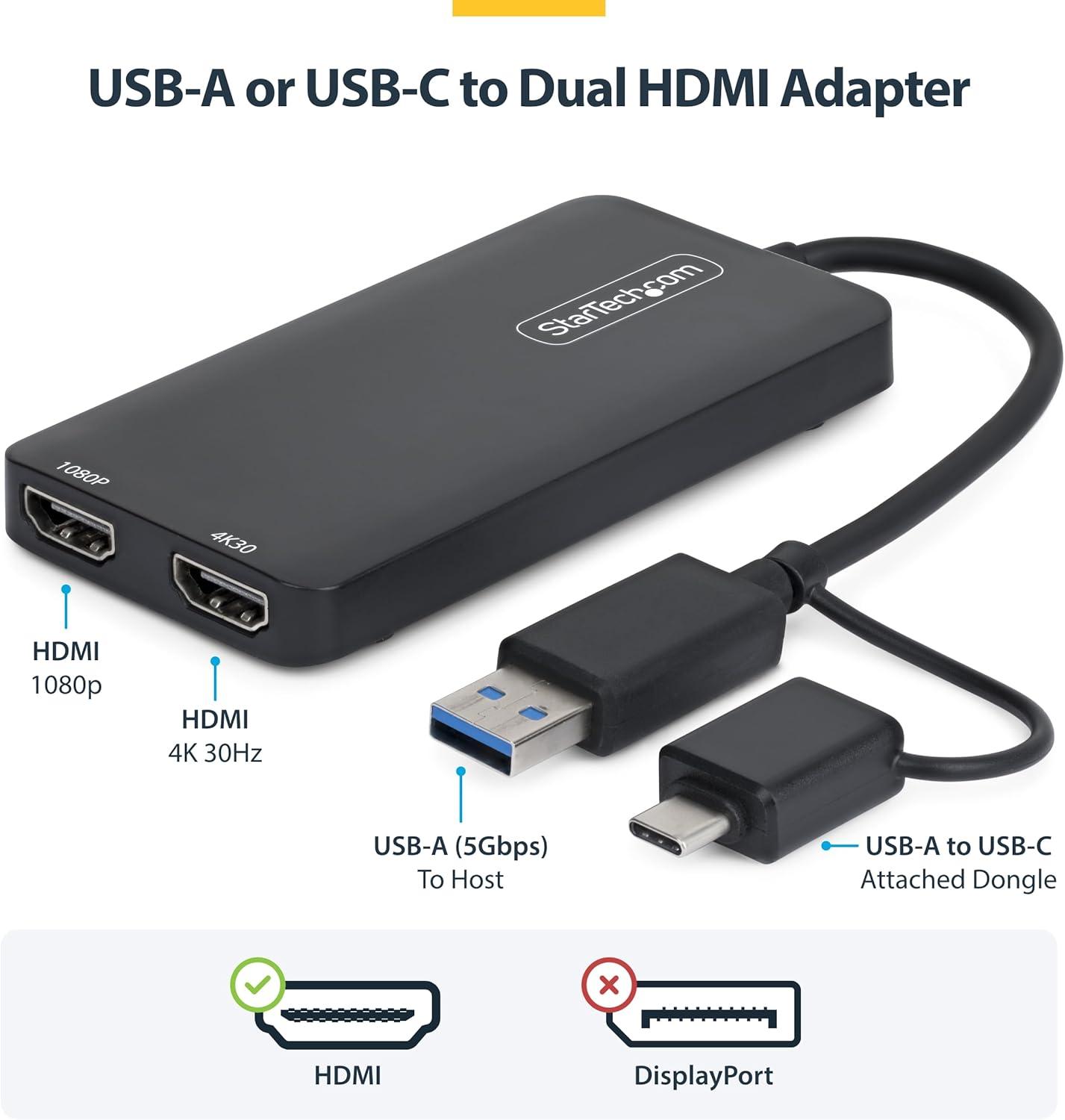 imageStarTechCOM Adaptateur USB CA vers Double HDMI pour M1M2M3M4 macOS Windows ChromeOS 4K30 et 1080p RpartiteurExtendeur HDMI Universel USB 30 ou TypeC Installation du Pilote SMI