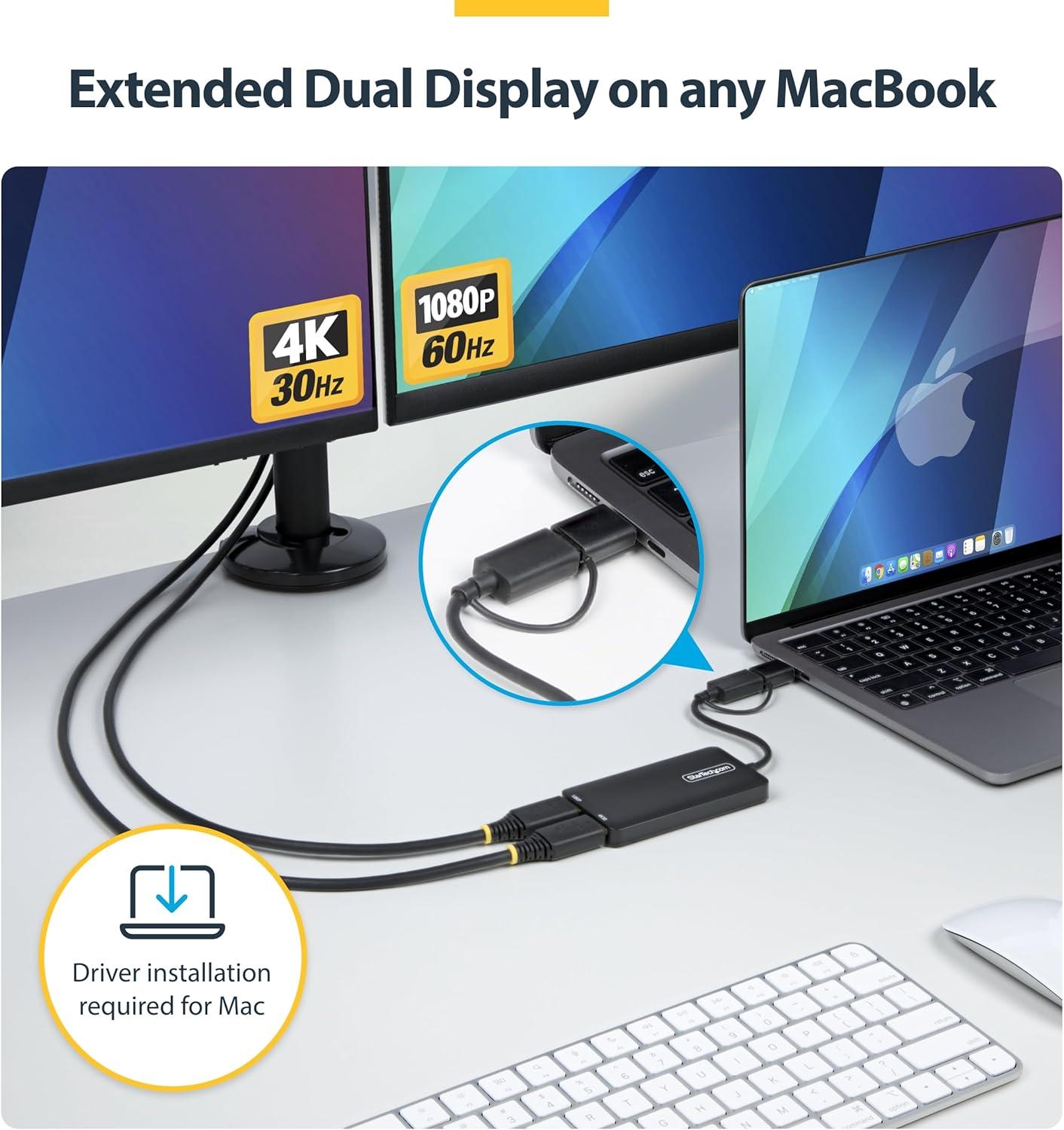 imageStarTechCOM Adaptateur USB CA vers Double HDMI pour M1M2M3M4 macOS Windows ChromeOS 4K30 et 1080p RpartiteurExtendeur HDMI Universel USB 30 ou TypeC Installation du Pilote SMI