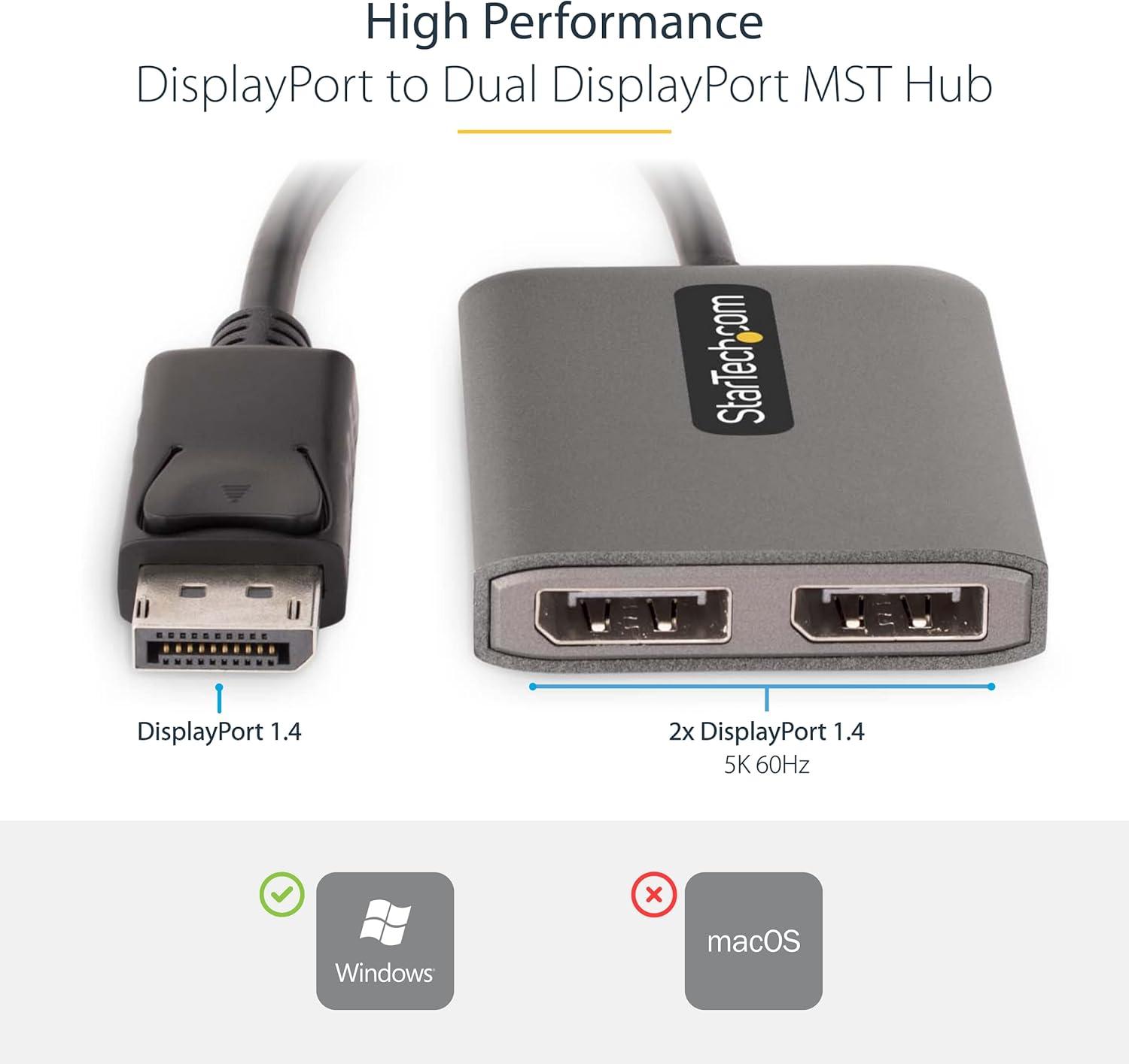 imageStarTechcom DisplayPort 14 Splitter for Two Monitors DP to 2x DP Adapter for Multiple Monitors MST Hub for PC 5K 60Hz Builtin ExtraLong Cable Windows Only MST14DP122DP2 x DP 14
