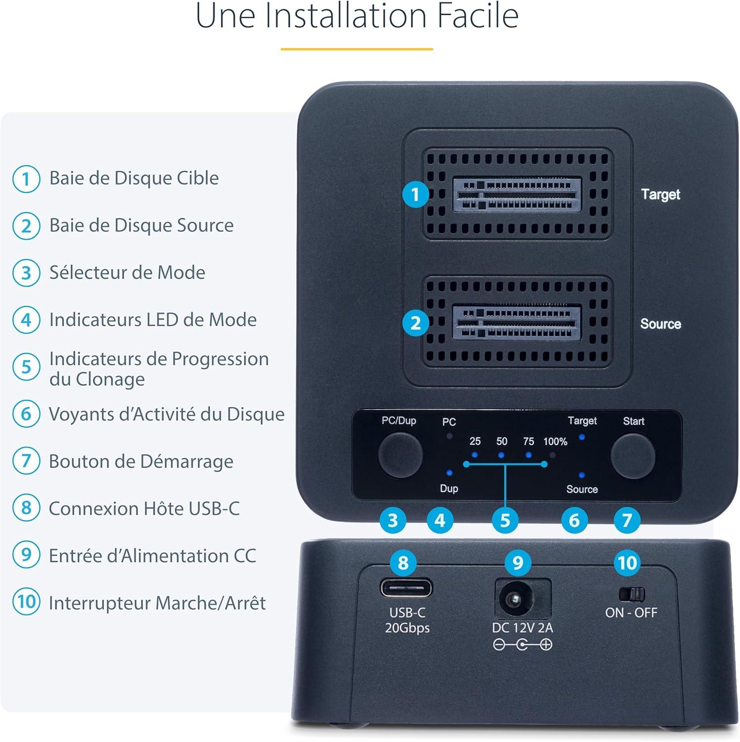 imageStarTechcom Duplicateur de Disque M2 NVMe 11 ClonageCopie Autonome de SSD M2 Jusqu 90GoMin Station daccueil de Disque Dur M2 USB 32 20 Gbps Deux Baies Cbles USBCA Inclus