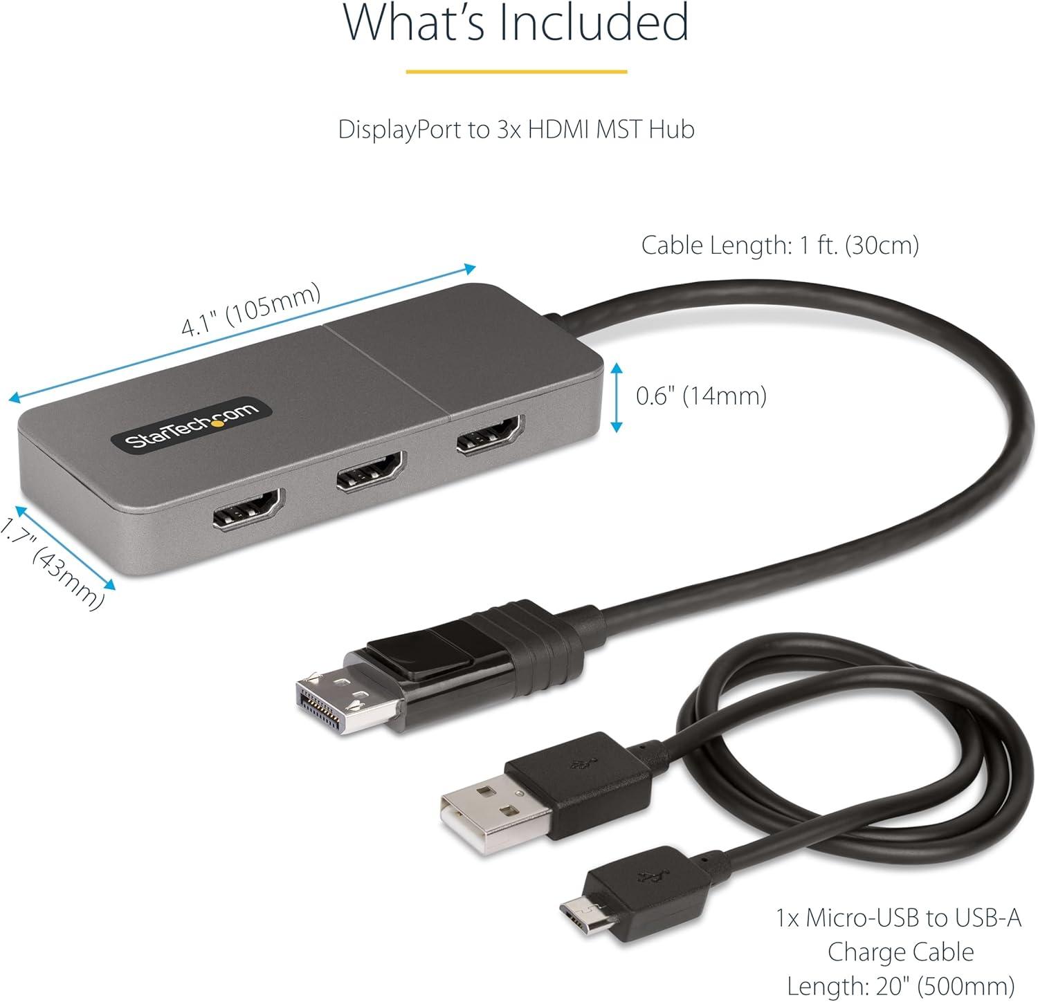 imageStarTechcom Hub MST 3 Ports DisplayPort vers 3X HDMI Trois Moniteurs 4K 60Hz Adaptateur Vido MultiMoniteur DP 14 Cble Intgr de 30 cm Alimentation USB Windows Uniquement MST14DP123HD3x HDMI