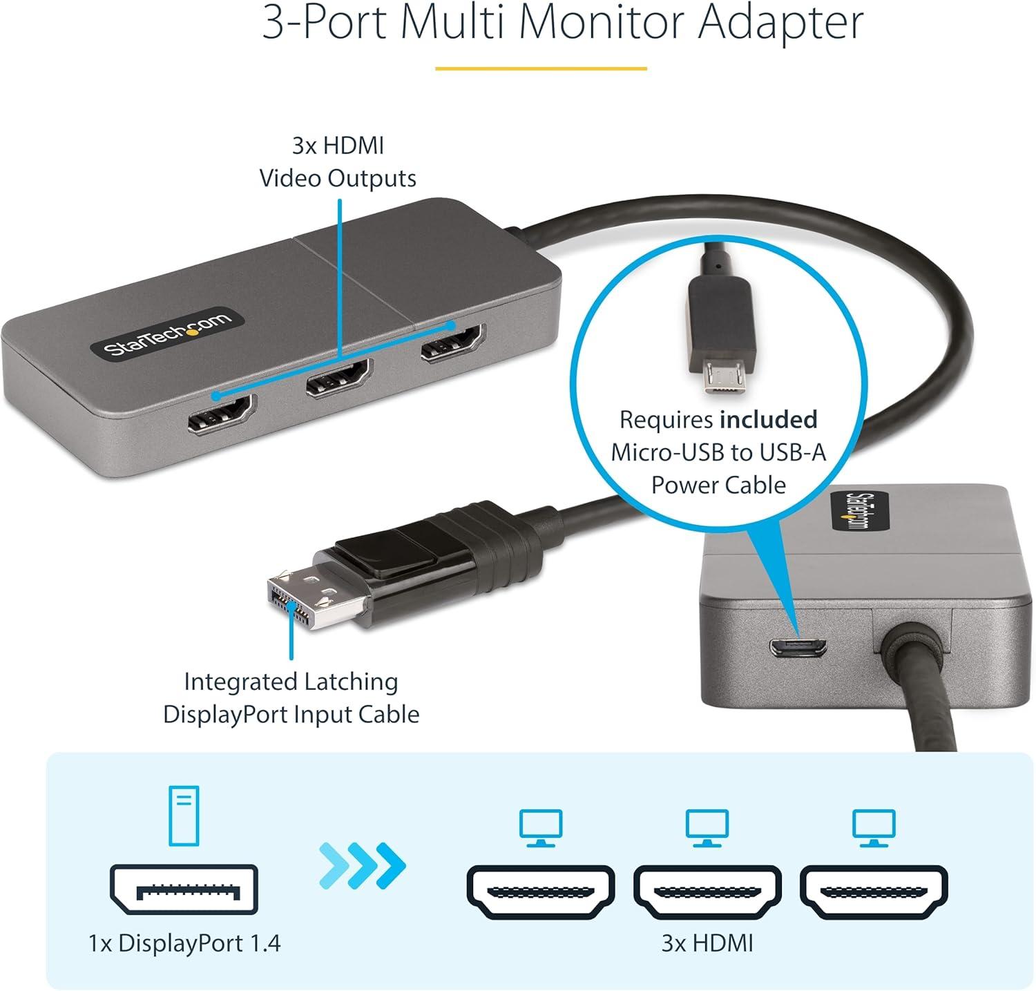 imageStarTechcom Hub MST 3 Ports DisplayPort vers 3X HDMI Trois Moniteurs 4K 60Hz Adaptateur Vido MultiMoniteur DP 14 Cble Intgr de 30 cm Alimentation USB Windows Uniquement MST14DP123HD3x HDMI