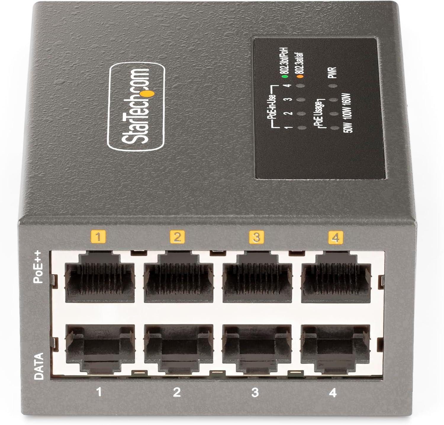 imageStarTechcom Injecteur PoE MultiGigabit 4 Ports Ethernet 525G NBASET PoEPoEPoE 8023af8023at8023bt Montage MuralRail DIN Non Gr AS445CPOEINJECTOR