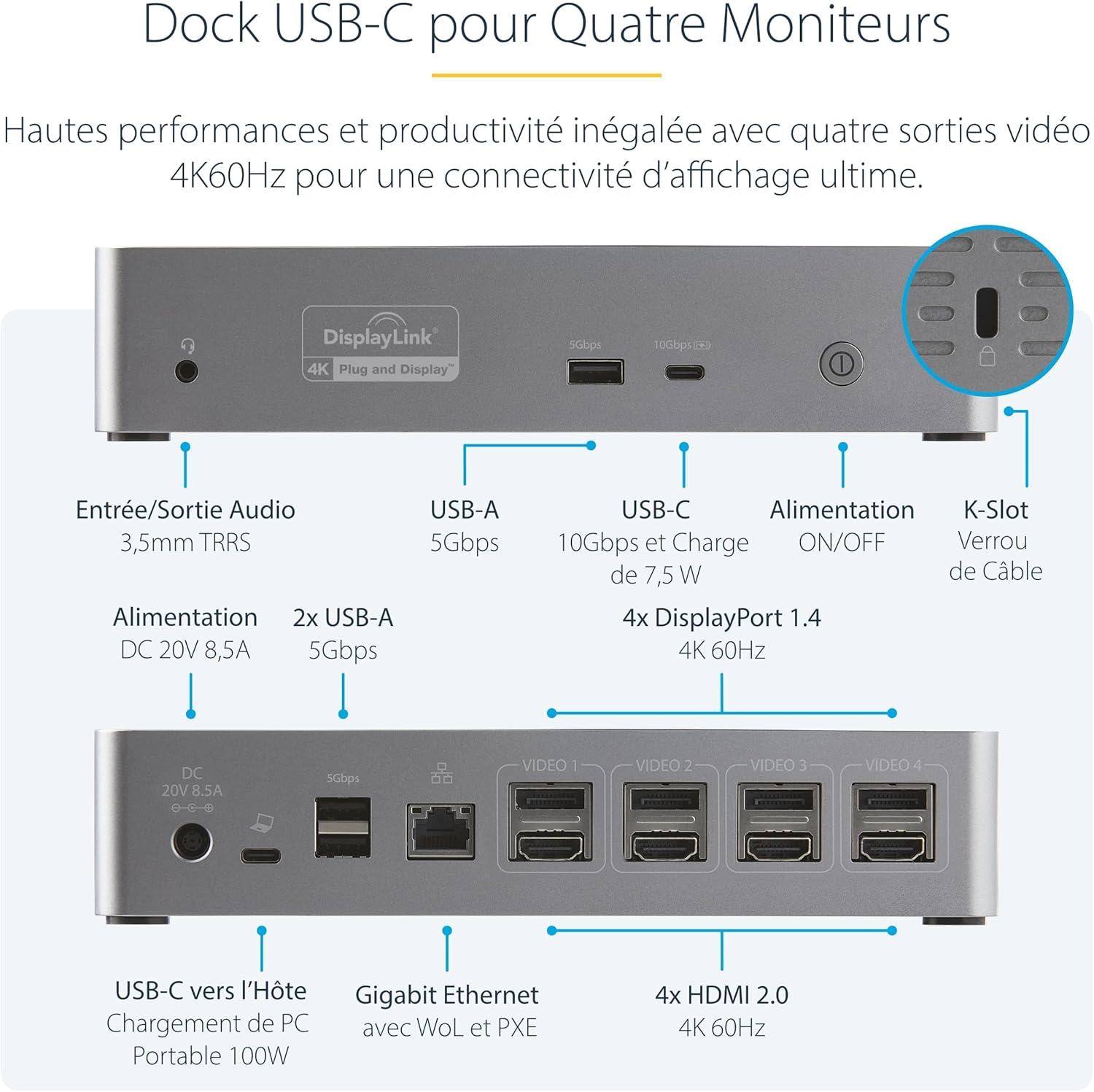 imageStarTech Station daccueil USB C 4K 60 Hz Quad Monitor DisplayPort et HDMI Station daccueil universelle USBC avec alimentation de 100 W DK31C4DPPDUEQuad Monitor