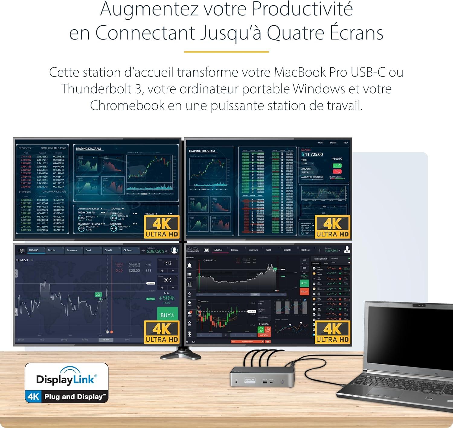 imageStarTech Station daccueil USB C 4K 60 Hz Quad Monitor DisplayPort et HDMI Station daccueil universelle USBC avec alimentation de 100 W DK31C4DPPDUEQuad Monitor