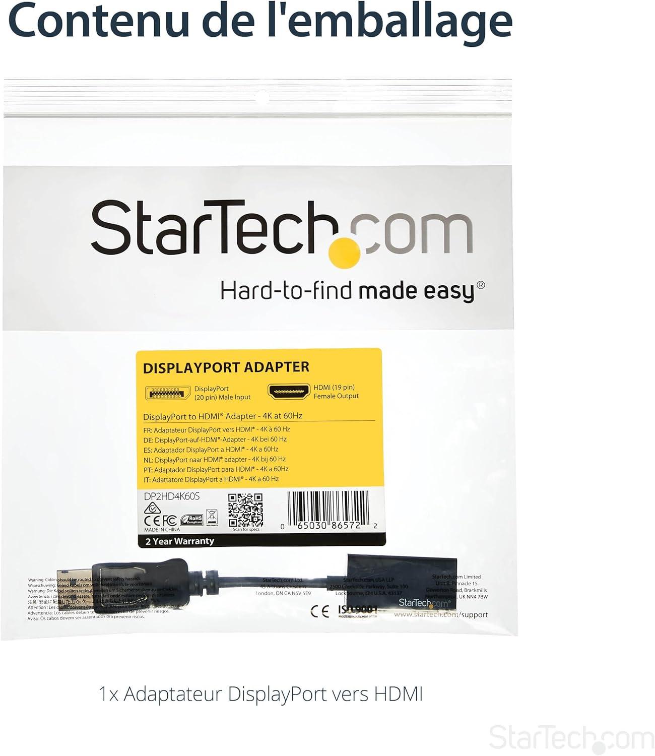 imageStarTechcom Adaptateur DisplayPort vers HDMI Convertisseur Vido 4K 60Hz Active DP 14 vers HDMI 20 Dongle DP vers HDMI pour MoniteurTVcran Connecteur DP Verrouillable DP2HD4K60S