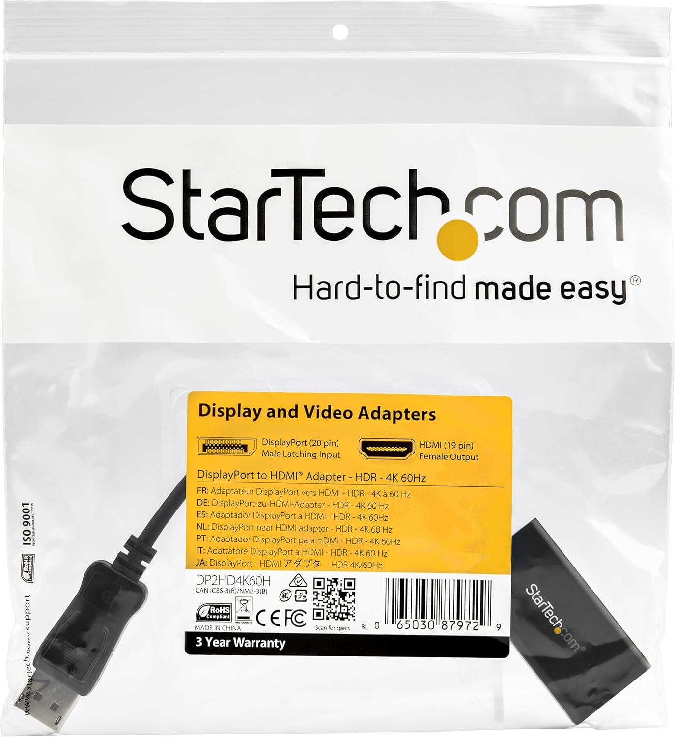 imageStarTechcom Adaptateur DisplayPort vers HDMI 4K 60 Hz avec HDR Convertisseur DP 14 vers HDMI 20b Noir DP2HD4K60H
