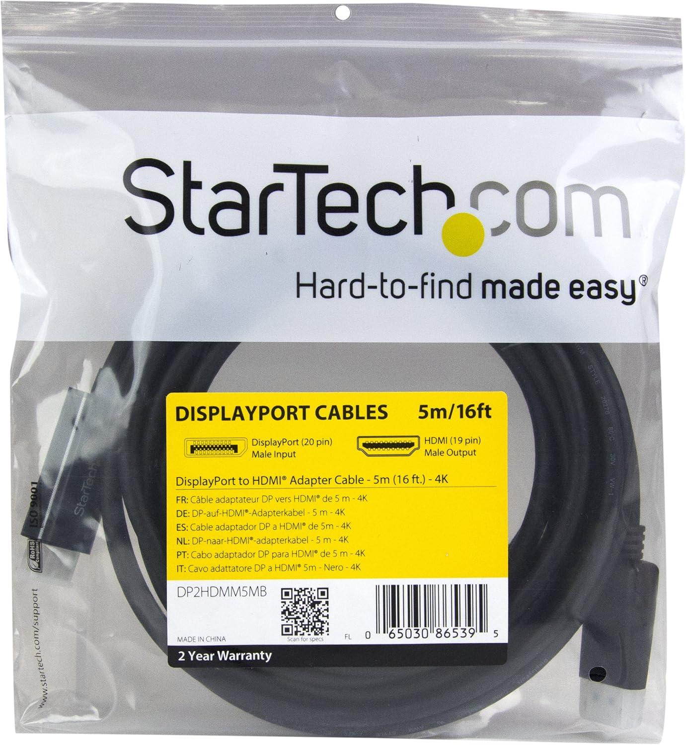 imageStarTechcom Cble DisplayPort vers HDMI 5m 4K 30Hz Adaptateur DP vers HDMI Convertisseur pour Moniteur DP 12 HDMI Connecteur DP Verrouillage Cordon passif DP vers HDMI DP2HDMM5MB