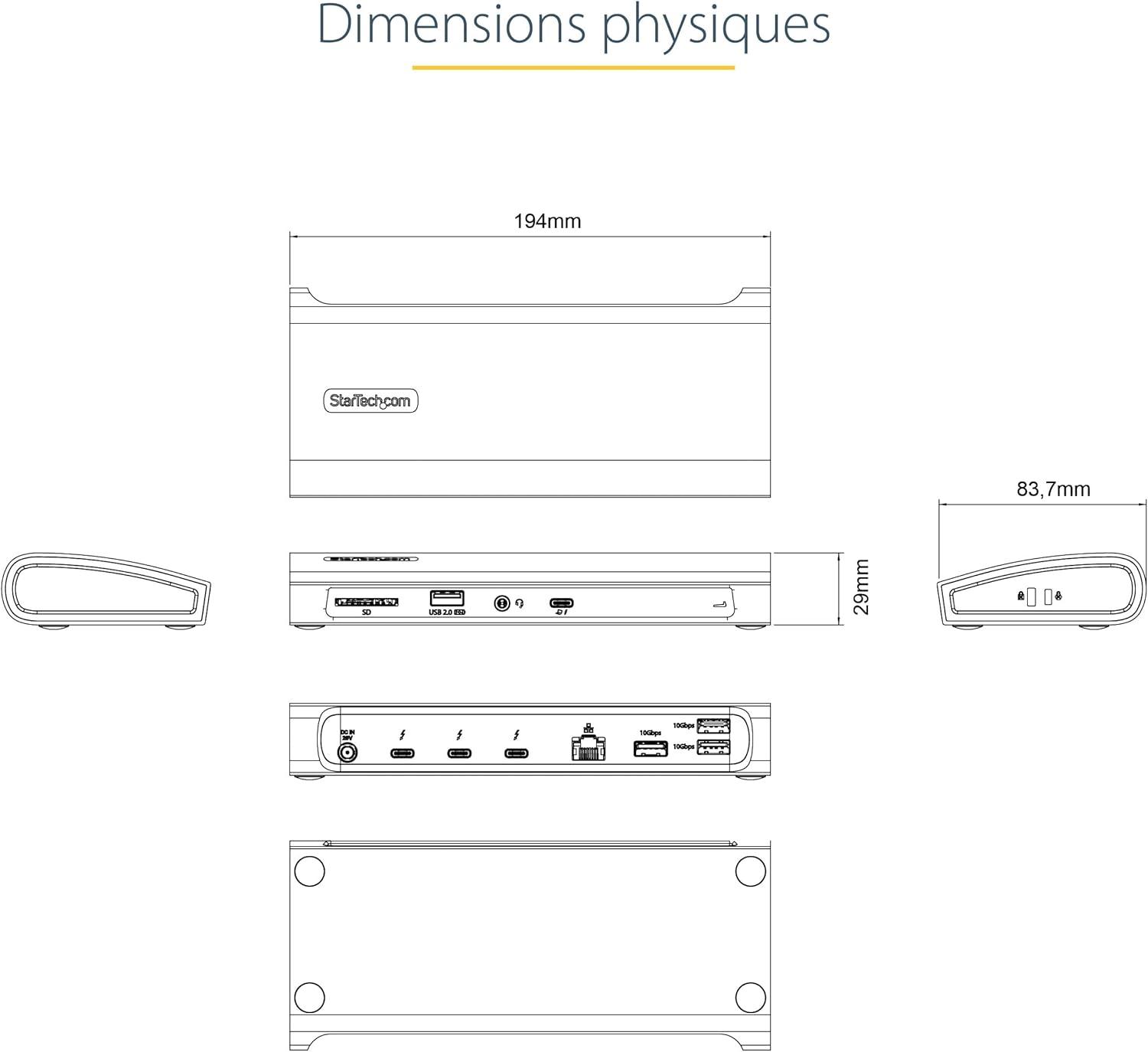 imageStarTechcom Dock Thunderbolt 4 Hub TB4 96W PD Moniteur Unique 8KDouble Moniteurs 4K 60Hz Docking Station TB4 3xTB4USB44xUSBASDGbEThunderbolt 4 Double moniteur