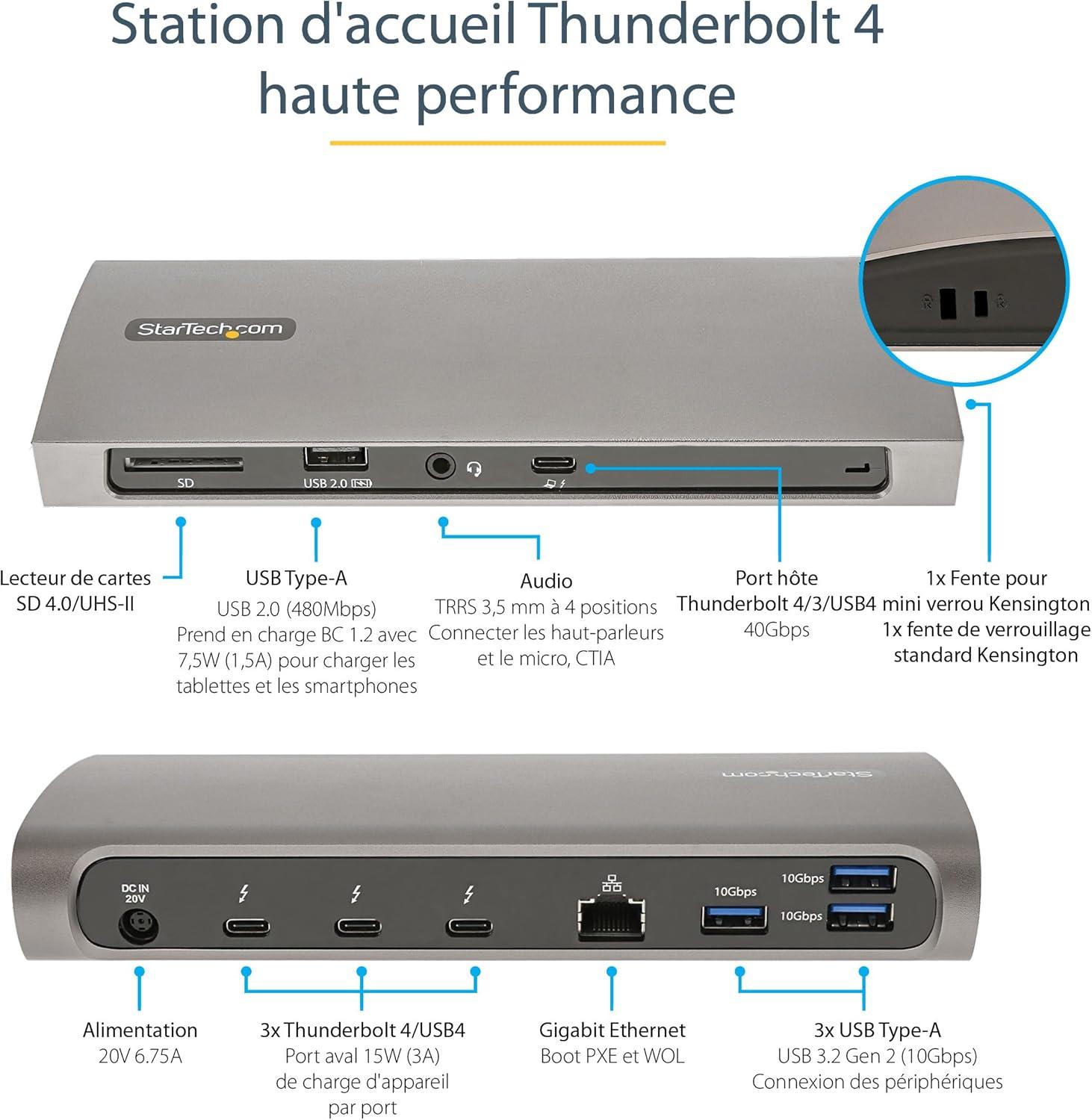 imageStarTechcom Dock Thunderbolt 4 Hub TB4 96W PD Moniteur Unique 8KDouble Moniteurs 4K 60Hz Docking Station TB4 3xTB4USB44xUSBASDGbEThunderbolt 4 Double moniteur